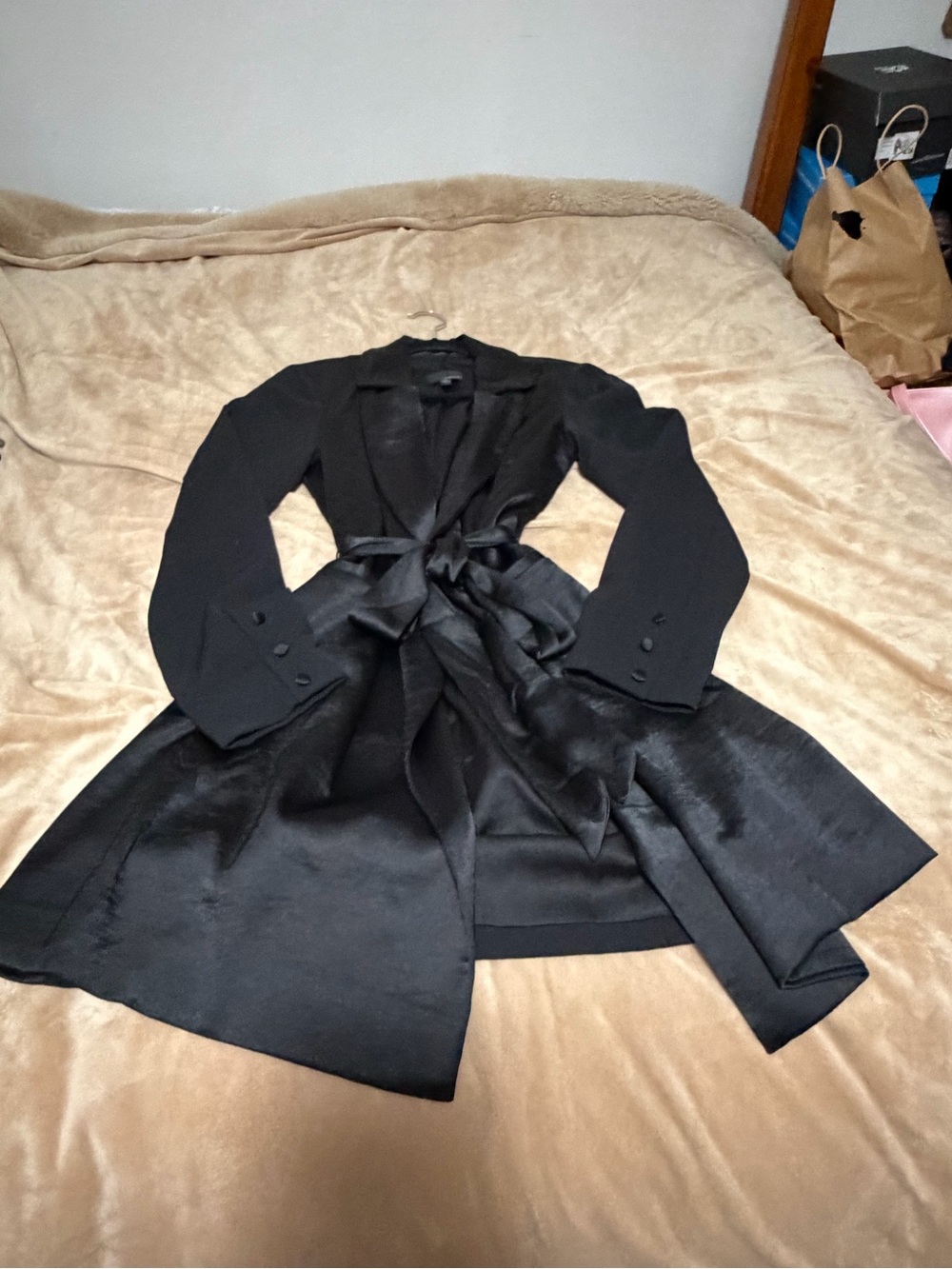 Greylin Women’s Black Tie-Waist Satin Trim Trench Coat Holiday Fancy Small